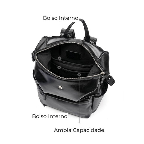 Mochila Feminina Preta de Couro Grande Pamela