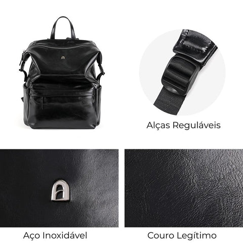 Mochila Feminina Preta de Couro Grande Pamela